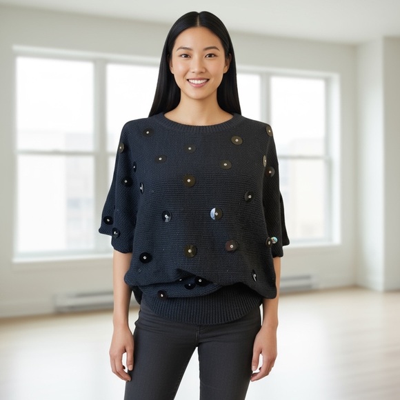 Vintage Bonnie Boerer & Company Black Short Sleeve Embellished Sweater - Picture 1 of 16